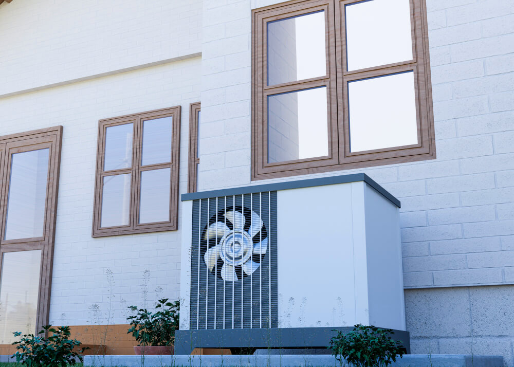 Eine Wärmepumpenanlage mit sichtbarem Ventilator steht außen an einem weißen Ziegelhaus als Beispiel für modernes Wohnen